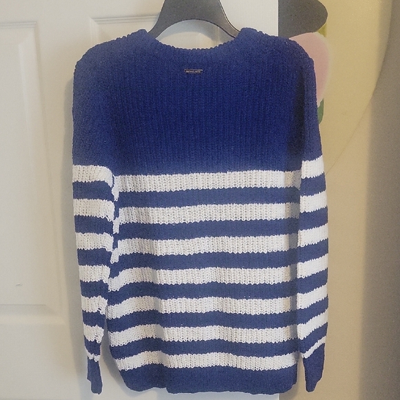 Michael Kors SzMed 100% Cotton Cable Knit Navy White Striped Scoop neck Sweater - Picture 5 of 6